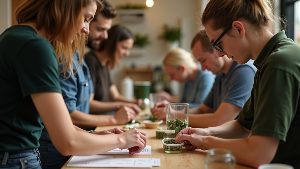 Upcikling kopienas dalībnieki darbnīcā, cilvēki strādā kopā pie projektiem, dalās ar idejām, smaidošas sejas un radošs gars